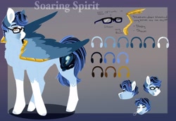 Size: 2048x1412 | Tagged: safe, artist:inisealga, imported from derpibooru, oc, oc only, oc:soaring spirit, pegasus, pony, armor, chest fluff, coat markings, colored hooves, colored wings, cutie mark, glasses, male, markings, multicolored hair, multicolored mane, multicolored tail, multicolored wings, neck fluff, pegasus oc, reference sheet, slim, socks (coat markings), spread wings, stallion, tail, thin, wing armor, wing brace, wings