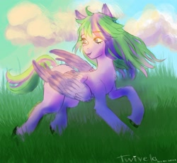 Size: 2265x2087 | Tagged: safe, artist:twivela, imported from derpibooru, oc, oc only, pegasus, pony, cloud, eyebrows, eyelashes, female, grass, mare, pegasus oc, solo, wings