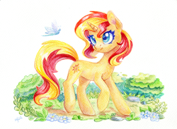Size: 1636x1200 | Tagged: safe, artist:maytee, imported from derpibooru, sunset shimmer, insect, pony, unicorn, bush, colored pencil drawing, cute, female, grass, mare, rock, shimmerbetes, solo, traditional art