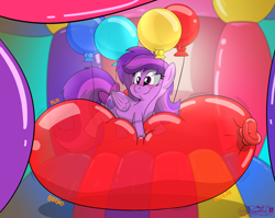 Size: 3700x2942 | Tagged: safe, artist:rupertbluefox, imported from derpibooru, oc, oc:emilia starsong, pegasus, pony, balloon, balloon fetish, balloon riding, blushing, bouncy castle, color porn, commission, cute, female, fetish, lying down, mare, ocbetes, pegasus oc, prone, shading, smiling, solo, squishy, that pony sure does love balloons