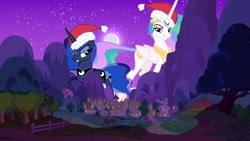 Size: 1192x670 | Tagged: safe, artist:hereward, imported from derpibooru, princess celestia, princess luna, alicorn, pony, alicorns, christmas, crown, duo, female, giant alicorn, giant pony, giantess, giantlestia, hat, hearth's warming eve, holiday, jewelry, macro, mare, mega giant, night, ponyville, regalia, royal sisters, santa hat, siblings, sisters, size difference