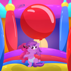 Size: 4000x4000 | Tagged: safe, artist:rupertbluefox, imported from derpibooru, oc, oc:emilia starsong, pegasus, pony, balloon, belly button, blushing, bouncy castle, clothes, color porn, commission, cute, diaper, female, filly, foal, inflatable diaper, inflatable toy, lineless, looking at something, ocbetes, one eye closed, pegasus oc, plushie, see-through, see-through diaper, shading, smiling, solo, squishy, squishy cheeks, standing, standing on one leg, teddy bear, that pony sure does love balloons, transparent