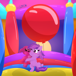 Size: 4000x4000 | Tagged: safe, alternate version, artist:rupertbluefox, imported from derpibooru, oc, oc:emilia starsong, pegasus, pony, balloon, belly button, blushing, bouncy castle, color porn, commission, cute, female, filly, foal, inflatable toy, lineless, looking at something, ocbetes, one eye closed, pegasus oc, plushie, shading, smiling, solo, squishy, squishy cheeks, standing, standing on one leg, teddy bear, that pony sure does love balloons, transparent