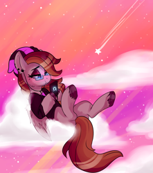 Size: 3000x3400 | Tagged: safe, artist:h0rsefeathers, imported from derpibooru, oc, oc only, oc:somber gale, pegasus, pony, beanie, cellphone, clothes, cloud, earbuds, eyeshadow, female, freckles, hat, makeup, mare, pegasus oc, phone, piercing, pink sky, shooting star, smartphone, smiling, solo, stars, unshorn fetlocks, wings