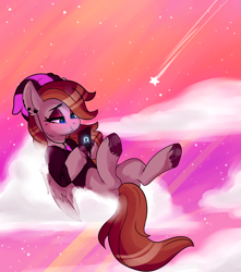 Size: 3000x3400 | Tagged: safe, alternate version, artist:h0rsefeathers, imported from derpibooru, oc, oc only, oc:somber gale, pegasus, pony, beanie, cellphone, clothes, cloud, earbuds, eyeshadow, female, freckles, hat, makeup, mare, pegasus oc, phone, piercing, pink sky, shooting star, smartphone, smiling, solo, stars, unshorn fetlocks, wings