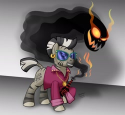 Size: 3000x2754 | Tagged: safe, artist:aleximusprime, imported from derpibooru, zeb, demon, zebra, fanfic:fillie jean, flurry heart's story, clothes, cloud demon, duo, ear piercing, earring, erebus, evil grin, g1, g1 to g4, g4, generation leap, glowing, glowing eyes, gradient background, grin, jewelry, looking at you, male, mohawk, necklace, piercing, shadow, sharp teeth, simple background, smiling, sunglasses, teeth, vase