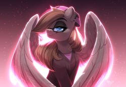 Size: 2015x1394 | Tagged: safe, artist:amishy, imported from derpibooru, oc, oc only, oc:somber gale, pegasus, pony, angelic wings, bust, clothes, ear piercing, eyeshadow, feather, female, glasses, hat, light, lineless, looking at you, looking right, makeup, mare, pegasus oc, piercing, portrait, shading, simple background, smug, solo, wings