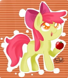 Size: 900x1033 | Tagged: safe, artist:snow angel, imported from derpibooru, apple bloom, earth pony, pony, apple, apple bloom's bow, bow, female, filly, foal, food, hair bow, hoof hold, open mouth, solo