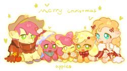 Size: 2671x1503 | Tagged: safe, artist:bubutoday, imported from derpibooru, apple bloom, applejack, big macintosh, bright mac, granny smith, pear butter, earth pony, pony, :3, apple family, bowtie, christmas, clothes, female, filly, foal, hat, holiday, male, mare, merry christmas, one eye closed, open mouth, santa hat, scarf, simple background, stallion, white background, wink, winter outfit