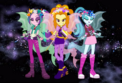 Size: 3600x2430 | Tagged: safe, imported from derpibooru, adagio dazzle, aria blaze, sonata dusk, human, equestria girls, aroace, aromantic, aromantic pride flag, asexual, asexual pride flag, candy, card, disguise, disguised siren, eyes closed, face paint, female, flag, food, galaxy, gender headcanon, headcanon, heart, heart crown, lgbt, lgbt headcanon, lgbtq, lidded eyes, lollipop, nonbinary, nonbinary pride flag, omnisexual, omnisexual pride flag, playing card, pride, pride flag, sexuality headcanon, smiling, smirk, stars, sword, tail, the dazzlings, trio, trio female, trixic, trixic pride flag, uno, uno card, uno reverse card, weapon, wings