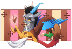 Size: 1318x900 | Tagged: safe, artist:blazemizu, imported from derpibooru, discord, draconequus, abstract background, antlers, chocolate, chocolate milk, cup, food, glass, horn, magic, milk, sharp teeth, signature, solo, straw, teeth