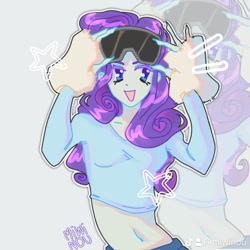 Size: 1080x1080 | Tagged: safe, artist:miwinou, imported from derpibooru, rarity, human, equestria girls, belly button, clothes, cute, female, goggles, goggles on head, midriff, raribetes, shirt, solo