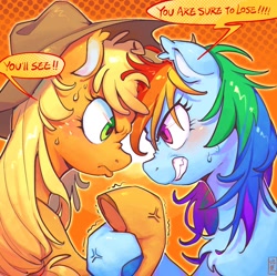 Size: 1798x1789 | Tagged: safe, artist:千雲九枭, imported from derpibooru, applejack, rainbow dash, earth pony, pegasus, pony, abstract background, applejack's hat, arm wrestling, chest fluff, competitive, cowboy hat, cross-popping veins, dialogue, duo, ear fluff, emanata, female, freckles, gritted teeth, hat, looking at each other, looking at someone, mare, signature, sweat, talking, teeth