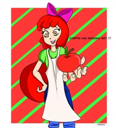 Size: 1639x1811 | Tagged: safe, artist:vnimrod, imported from derpibooru, apple bloom, human, apple, apple bloom's bow, apron, bow, clothes, food, hair bow, hand, humanized, looking at you, solo