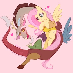 Size: 2000x2000 | Tagged: safe, artist:hexe_cat, imported from derpibooru, discord, fluttershy, draconequus, pony, discoshy, female, heart, high res, hug, lidded eyes, male, pink background, shipping, signature, simple background, smiling, spread wings, straight, wings