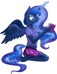 Size: 786x1017 | Tagged: dead source, safe, artist:theshadowstone, imported from derpibooru, princess luna, alicorn, anthro, unguligrade anthro, book, clothes, cyan eyes, ethereal mane, ethereal tail, female, glow, glowing horn, highlights, holding, horn, kneeling, long horn, mare, midriff, pants, print, reading, shading, shirt, shorts, simple background, spread wings, starry mane, starry tail, t-shirt, tail, transparent background, turquoise eyes, vector, wings