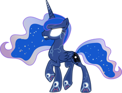 Size: 1024x779 | Tagged: dead source, safe, artist:theshadowstone, imported from derpibooru, princess luna, alicorn, alternate cutie mark, angry, crossover, cyber legs, ethereal mane, female, glow, glowing eyes, gradient horn, gradient mane, gradient tail, gritted teeth, horn, mare, raised hoof, simple background, slim, starry mane, starry tail, tail, teeth, thin, translucent, translucent mane, transparent background, vector