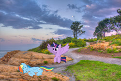 Size: 2048x1364 | Tagged: safe, artist:decprincess, artist:fabulouspony, imported from derpibooru, rainbow dash, twilight sparkle, alicorn, pegasus, pony, cape elizabeth, duo, eyes closed, female, flying, irl, maine, mare, photo, ponies in real life, sleeping, twilight sparkle (alicorn)