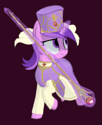 Size: 260x320 | Tagged: safe, artist:truthormare, amethyst star, sparkler, pony, unicorn, bishop, clothes, cosplay, costume, dress, eremiya, female, fire emblem, fire emblem: new mystery of the emblem, gem, hat, healer, jewel, magic, magic aura, no catchlights, raised hoof, rod, show accurate, simple background, sinister, smiling, solo, staff