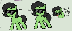 Size: 401x174 | Tagged: safe, artist:truthormare, oc, oc:filly anon, earth pony, pony, /bale/, aggie.io, dancing, dialogue, female, filly, looking at you, simple background, solo, sunglasses