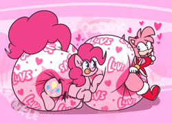 Size: 2266x1626 | Tagged: safe, artist:shslsadcat, imported from derpibooru, pinkie pie, earth pony, hedgehog, pony, amy rose, crossover, diaper, diaper fetish, fetish, impossibly large diaper, non-baby in diaper, poofy diaper, sonic the hedgehog (series), tongue out