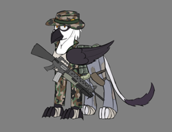 Size: 2600x2000 | Tagged: safe, artist:somber, imported from derpibooru, oc, griffon, assault rifle, boonie hat, camouflage, clothes, footwraps, gray background, griffon oc, gun, m16, rifle, shotgun, simple background, solo, weapon