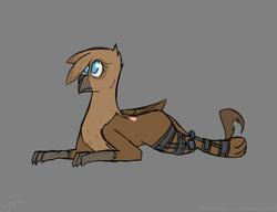 Size: 2600x2000 | Tagged: safe, artist:somber, imported from derpibooru, oc, griffon, gray background, griffon oc, lying down, mange, prone, simple background, solo