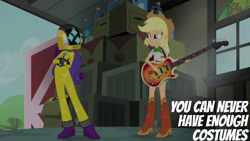 Size: 1920x1080 | Tagged: safe, edit, edited screencap, editor:quoterific, imported from derpibooru, screencap, applejack, rarity, human, equestria girls, rainbow rocks, applejack's hat, clothes, confused, costume, cowboy hat, crossed arms, daft punk, daft rarity, display, duo, duo female, female, freckles, frown, guitar, hat, helmet, looking at someone, musical instrument, outfit, sparkles