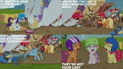 Size: 2000x1125 | Tagged: safe, edit, edited screencap, editor:quoterific, imported from derpibooru, screencap, apple bloom, applejack, rainbow dash, rarity, scootaloo, sweetie belle, earth pony, pegasus, pony, unicorn, the cart before the ponies, angry, apple bloom is not amused, broken, cart, crash, cutie mark crusaders, eyes closed, female, filly, foal, frown, helmet, leaves, mare, messy, open mouth, open smile, scootaloo is not amused, scuff mark, smiling, sweetie belle is not amused, unamused, wreckage