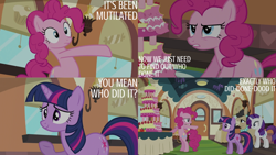 Size: 4400x2475 | Tagged: safe, edit, edited screencap, editor:quoterific, imported from derpibooru, screencap, mulia mild, pinkie pie, rarity, twilight sparkle, earth pony, pony, unicorn, mmmystery on the friendship express, bipedal, cake, female, food, friendship express, locomotive, mare, marzipan mascarpone meringue madness, steam locomotive, train, unicorn twilight