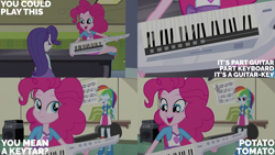 Size: 2000x1125 | Tagged: safe, edit, edited screencap, editor:quoterific, imported from derpibooru, screencap, pinkie pie, rainbow dash, rarity, human, equestria girls, player piano, keytar, musical instrument