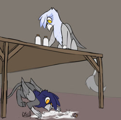 Size: 2200x2188 | Tagged: safe, artist:somber, imported from derpibooru, oc, griffon, behaving like a cat, duo, exploitable meme, griffon oc, griffons behaving like cats, griffons doing cat things, meme, spilled milk, table