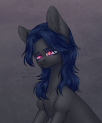 Size: 1944x2345 | Tagged: artist needed, source needed, safe, imported from derpibooru, oc, oc only, oc:mattriel, earth pony, pony, blue mane, earth pony oc, eyebrows, glowing, glowing eyes, gray background, long mane, long mane male, looking sideways, male, pink eyes, sad, simple background, sitting, solo, stallion