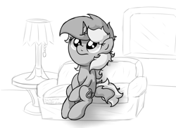 Size: 3359x2463 | Tagged: safe, artist:background basset, imported from derpibooru, lyra heartstrings, pony, unicorn, couch, depression, grayscale, monochrome, sitting, solo