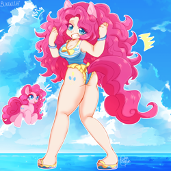 Size: 2048x2048 | Tagged: safe, artist:bununuchi, imported from derpibooru, pinkie pie, human, pony, ass, balloonbutt, beach, boobs and butt pose, breasts, butt, chibi, chubby, cleavage, clothes, cloud, cute, cutie mark on human, female, female focus, frilled swimsuit, human coloration, humanized, light skin, looking at you, ocean, one-piece swimsuit, sky, sleeveless, smiling, solo focus, swimsuit, water, wavy hair