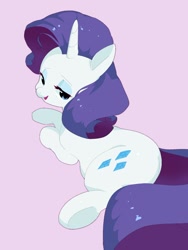 Size: 1498x1997 | Tagged: safe, artist:cheesesauce_45, imported from derpibooru, rarity, earth pony, pony, unicorn, butt, cute, female, lidded eyes, looking back, lying down, mare, open mouth, open smile, pink background, plot, prone, raribetes, rearity, simple background, smiling, solo, underhoof