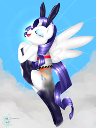 Size: 1280x1705 | Tagged: source needed, safe, artist:paigeorwhatevs, imported from derpibooru, rarity, alicorn, anthro, alicornified, bunny suit, clothes, eyes closed, flying, hand on chest, happy, jetpack, leotard, open mouth, race swap, raricorn, sky, sky background, solo