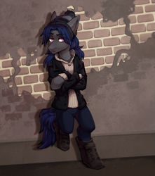 Size: 1451x1638 | Tagged: artist needed, source needed, safe, imported from derpibooru, oc, oc only, oc:mattriel, earth pony, pony, semi-anthro, brick wall, clothes, earth pony oc, leaning, solo