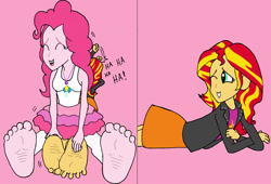 Size: 1280x870 | Tagged: safe, artist:feets-and-paws, imported from derpibooru, pinkie pie, sunset shimmer, human, equestria girls, barefoot, feet, fetish, foot fetish, foot focus, soles, tickle torture, tickling, toes
