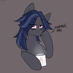 Size: 2200x2200 | Tagged: source needed, safe, artist:cottonaime, imported from derpibooru, oc, oc only, oc:mattriel, earth pony, pony, earth pony oc, gray background, lidded eyes, mug, simple background, solo, vust
