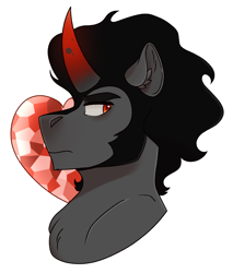 Size: 2776x3264 | Tagged: source needed, safe, artist:slushpony, imported from derpibooru, king sombra, pony, unicorn, aside glance, bust, charm, chest fluff, colored horn, crystal, crystal heart, curved horn, eyebrows, facial hair, horn, looking at you, portrait, side view, simple background, solo, sombra horn, white background