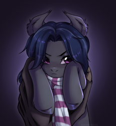 Size: 1851x2000 | Tagged: safe, artist:kaito_wivil, imported from derpibooru, oc, oc only, oc:mattriel, bat pony, earth pony, pony, clothes, earth pony oc, gradient background, male, scarf, solo, striped scarf