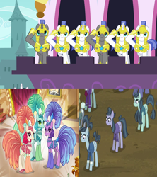 Size: 1280x1440 | Tagged: safe, edit, edited screencap, imported from derpibooru, screencap, buzzsaw mccolt, crosscut mccolt, emerald flare, hacksaw mccolt, sapphire sequins, sunset circus, earth pony, pegasus, pony, unicorn, a canterlot wedding, the hooffields and mccolts, armor, cropped, feather, female, front knot midriff, gameloft, headdress, male, mare, mccolt family, midriff, official, performer, royal guard, salute, saw sisters, shipping, shipping domino, show mares, showgirl, slim, stallion, straight, thin, trio, unicorn royal guard