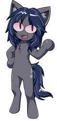 Size: 1108x2349 | Tagged: artist needed, source needed, safe, imported from derpibooru, oc, oc only, oc:mattriel, earth pony, semi-anthro, bipedal, blue mane, cat ears, earth pony oc, fusion, long mane, long mane male, looking sideways, male, mischievous, neco-arc, open mouth, pink eyes, simple background, slit pupils, smiling, solo, stallion, transparent background