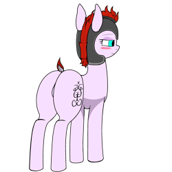 Size: 2000x2000 | Tagged: artist needed, safe, imported from derpibooru, oc, oc only, oc:ilya, earth pony, pony, blushing, butt, dock, earth pony oc, featureless crotch, helmet, no tail, plot, rear view, royal guard, simple background, solo, tail, transparent background