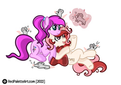 Size: 1067x749 | Tagged: safe, artist:redpalette, imported from derpibooru, oc, oc only, oc:red palette, oc:violet ray, earth pony, pony, rat, unicorn, clothes, couple, curly hair, cute, earth pony oc, female, freckles, horn, magic, mare, pet, scarf, simple background, telekinesis, unicorn oc, white background