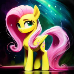 Size: 1024x1024 | Tagged: safe, editor:zealousmagician, imported from derpibooru, prompter:zealousmagician, fluttershy, pegasus, pony, ai content, ai generated, female, g4, generator:purplesmart.ai, generator:stable diffusion, mare, solo, standing, stars