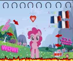 Size: 565x475 | Tagged: safe, artist:wheredamaresat, edit, edited screencap, imported from derpibooru, screencap, pinkie pie, earth pony, pony, animated, arrow, best pony, blingee, c:, chinese, exploitable meme, female, fire, flag, france, gif, gift art, hand, heart, horseshoes, mare, meme, original art, smiling, sparkles, spinning, wow, wow! glimmer