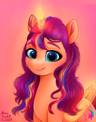 Size: 1074x1368 | Tagged: safe, artist:petaltwinkle, imported from derpibooru, sunny starscout, alicorn, pony, artificial horn, artificial wings, augmented, g5, horn, lightly watermarked, magic, magic horn, magic wings, race swap, signature, smiling, solo, sunnycorn, watermark, wings