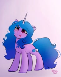 Size: 1074x1368 | Tagged: safe, artist:petaltwinkle, imported from derpibooru, izzy moonbow, pony, unicorn, :p, blushing, doodle, female, g5, gradient background, head tilt, looking at you, mare, smiling, solo, standing, tongue out